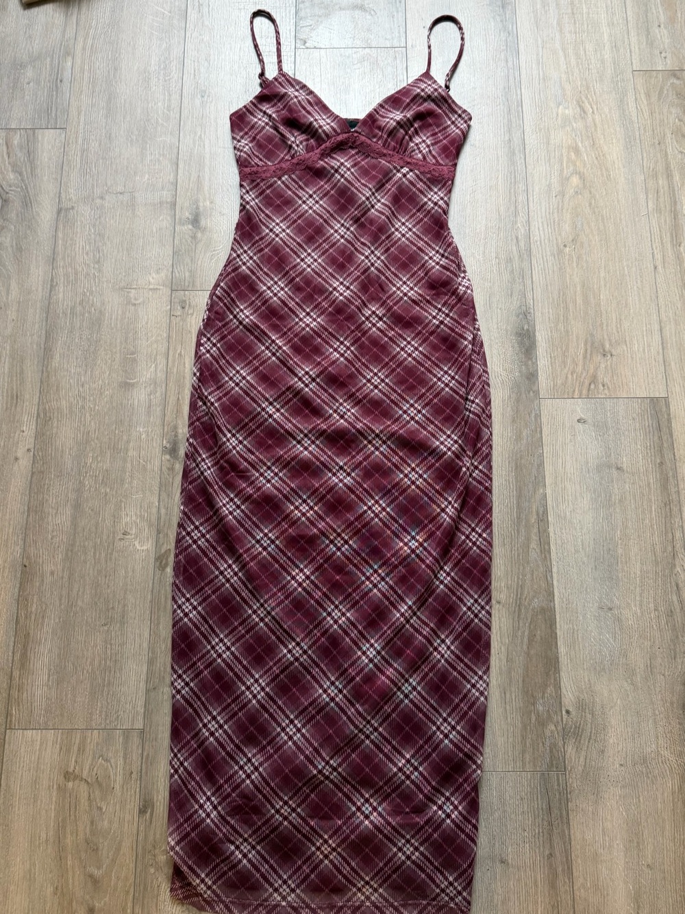 Grunge dark fairycore women’s burgundy  plaid dress with lace detail
